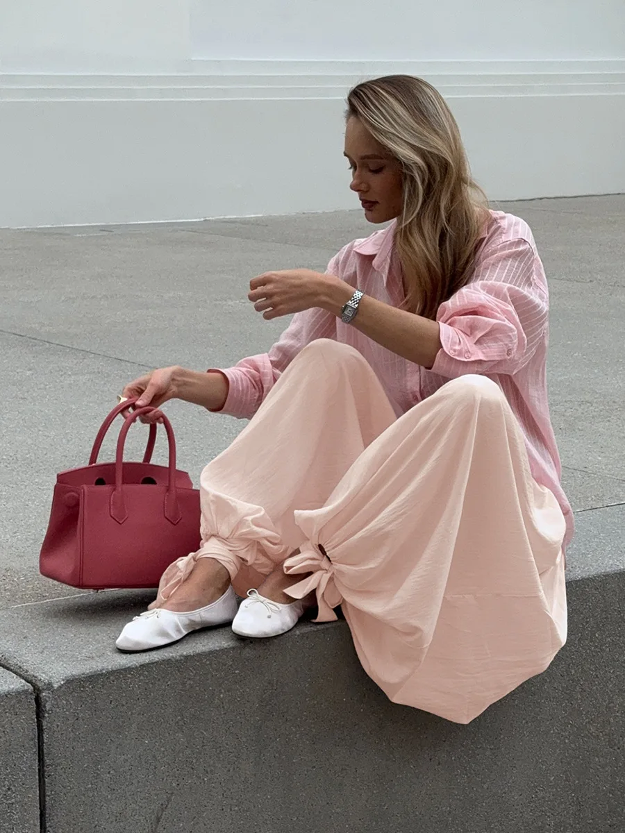 Bornladies Pink Wide Leg Pants Women's New Autumn Drawstring Lantern Style Loose Fit Comfortable Long Trousers