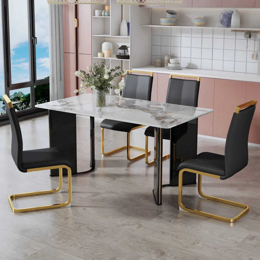 Table and chair set. 1 table and 4 black PU cushioned golden color leg chairs. White imitation marble tabletop MDF table legs w 2