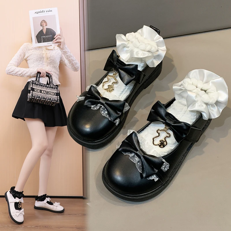 Gothic Lolita Bow Bear Mary Jane Shoes Ladies Cute Kawaii 2CM Platform Flat Fashion Designer Buckle Strap Leather |
