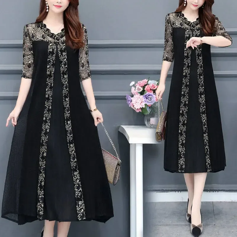 

Stylish Lace Gauze Patchwork Midi Dress Clothing Fake Two Pieces Spring Summer Half Sleeve A-Line Waist Commute Dresses CY427