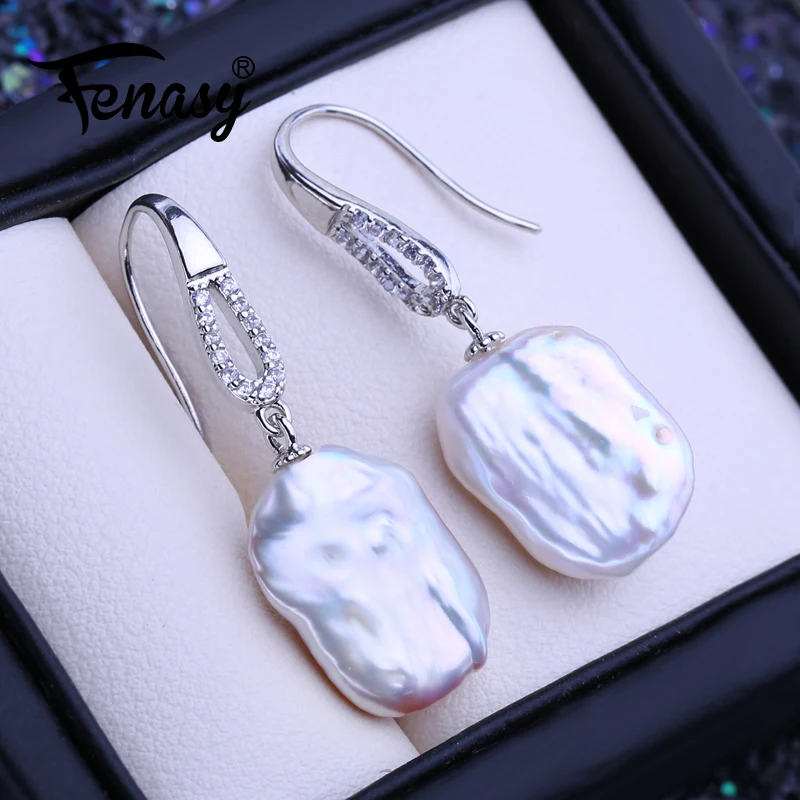 FENASY Natural Freshwater Big Baroque Pearl Drop Earrings For Women Girls 925 Sterling Silver Fashion Birthday Gift
