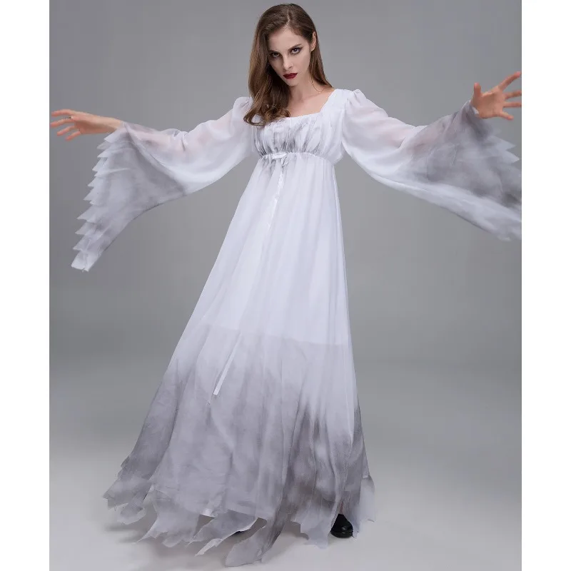 Halloween Ghost Zombie Girl Costume Scary Zombie Outsuit Vampire Bride Cosplay Dresses White Squre Collar Flare Sleeve Vestidos