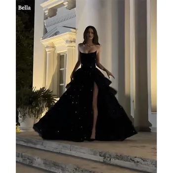 Bella Black Tulle Prom Dresses Side Split A-line Strapless Wedding Dress Elegant Customized Sleeveless Vestidos De Fiesta 2024 1