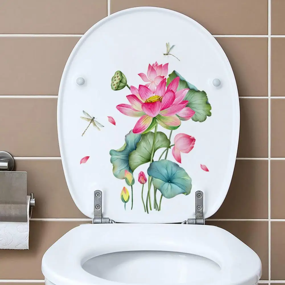 

Waterproof Toilet Decal Dragonfly Lotus Flower Toilet Sticker Waterproof Pvc Bathroom Decal for Room Wall Art Toilet Lid