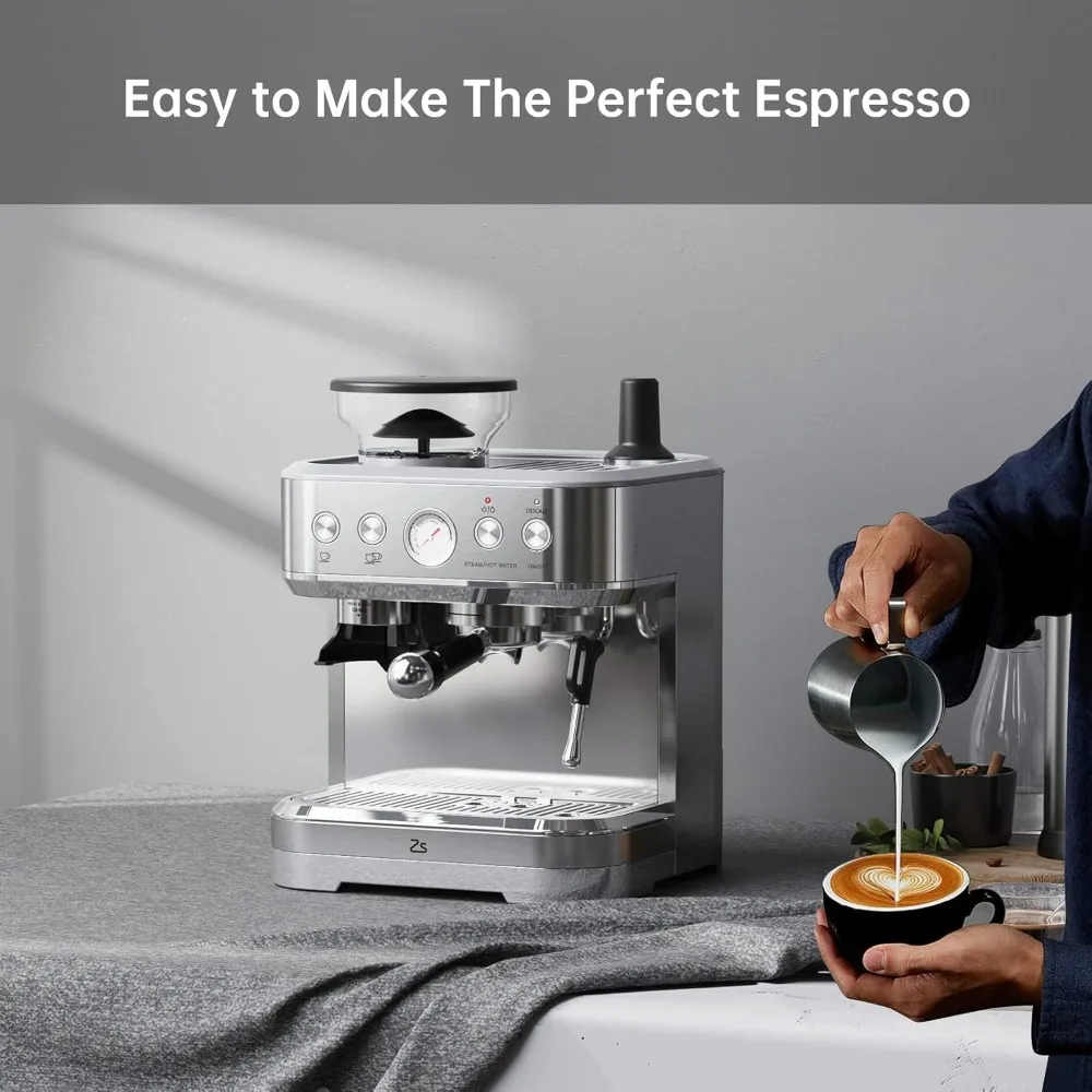 Espresso Machine 20 Bar, Semi Automatic Espresso Maker with Grinder, Stainless Steel, Latte 2