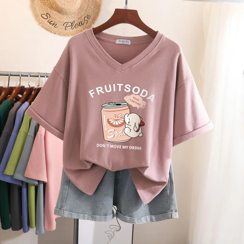 

EBAIHUI Plus Size T Shirt 100% Cotton L-5XL Tshirt Short Sleeve Women Top Summer Anime Cartoon Printed V Neck Oversized T Shirts