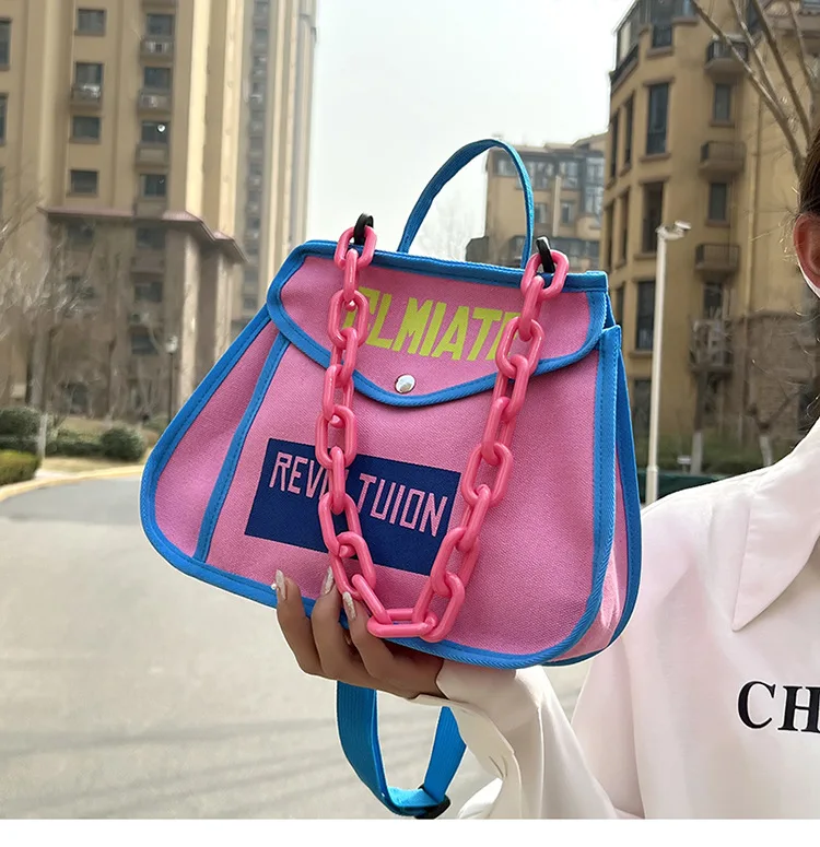 Luxury Handbags Designer Patchwork Color Chain Canvas Shoulder Bag Korean Cute Crossbody Ladies Hand Bags For Women Y2K Fashion