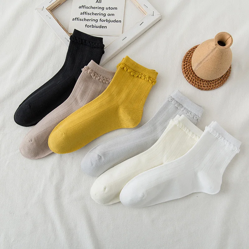 korean style cute frilly solid long socks women kawaii calcetines mujer chaussette femme white fashion sock japanese black woman bed socks for women