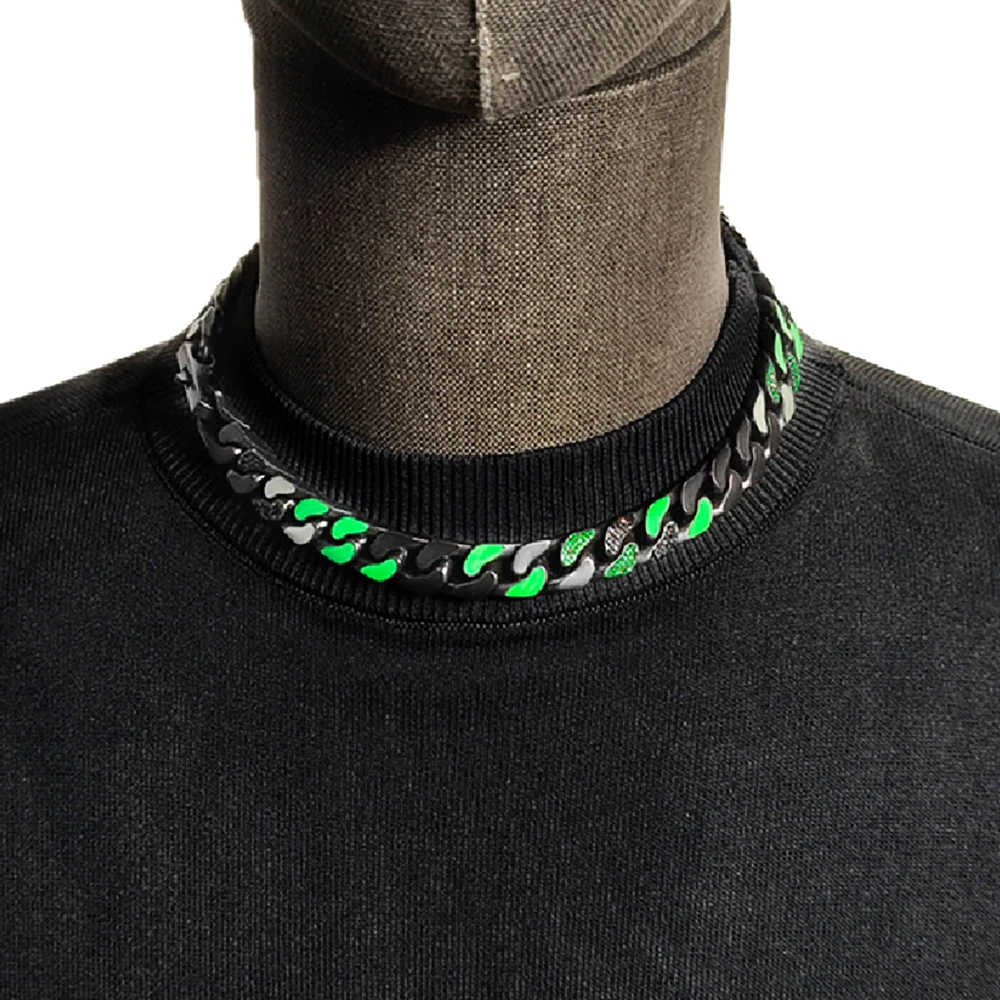 New Gothic Quenched Green Cuban Necklace Men Iced Out Chain Choker Men's  Punk Gun Black Copper Rhinestone Bracelet Jewelry Gift