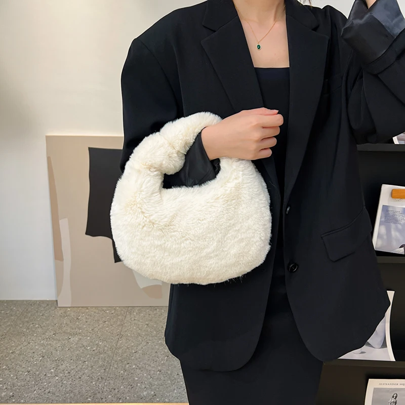 Knotted Plush Handbags For Women 2022 Winte New Furry Luxury Designer Handbag Soft Fluffy Y2K Tote Bag Faux Fur Hobos Korean INS