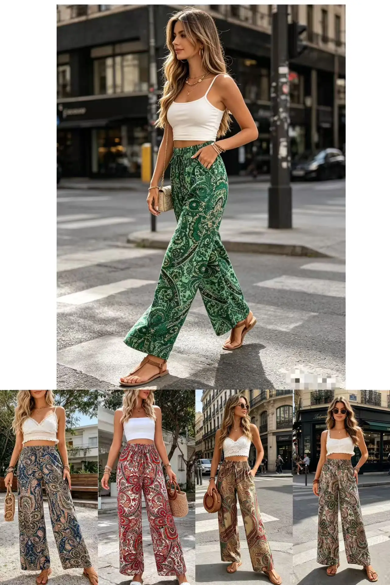 Women's Boho Paisley Print High Waist Wide Leg Pants Casual Loose Palazzo Trousers for Summer Beach Vacation 5