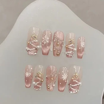 10Pcs Christmas Handmade Press-On Nails  Pink Glitter Snowflake & Rhinestone False Nail Medium Ballet Shape for Women&Girl