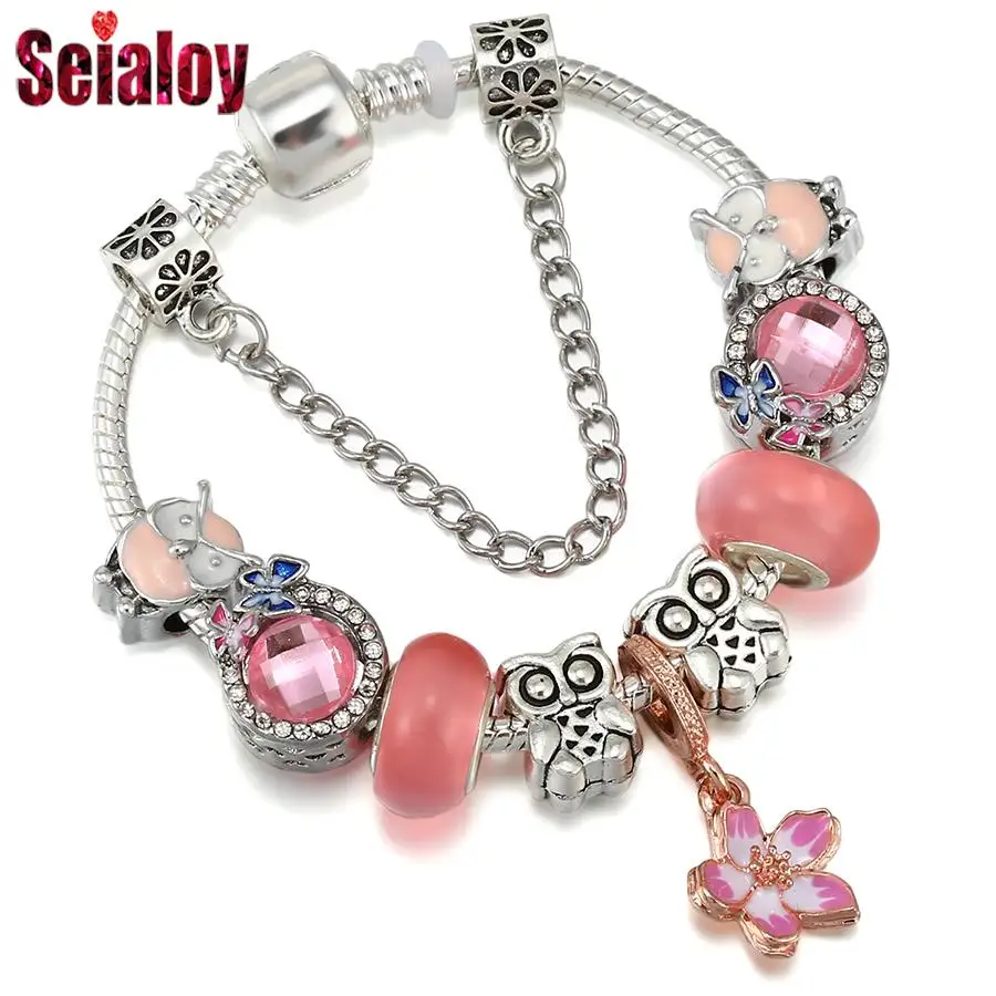 Seialoy Pink Heart Lock Key Charm Bracelets For Women Original Round  Crystal Glass Beaded Bracelet Bangle Fashion Jewelry Gifts