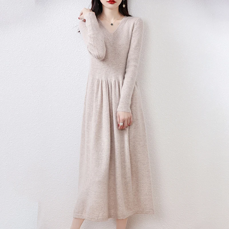 

Autumn and Winter New Cashmere Sweater Women's V-neck Waist Pullover Dress Over Knee Length Vintage Underlay Woolen Dress