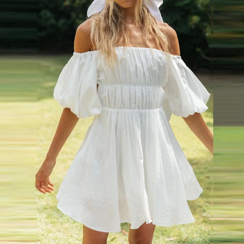 

2022 Women Elegant Puff Sleeve Mini Dress Sexy Off Shoulder Party Dress Summer Sweet Lady Elastic Waist Beach Dress Vestidos