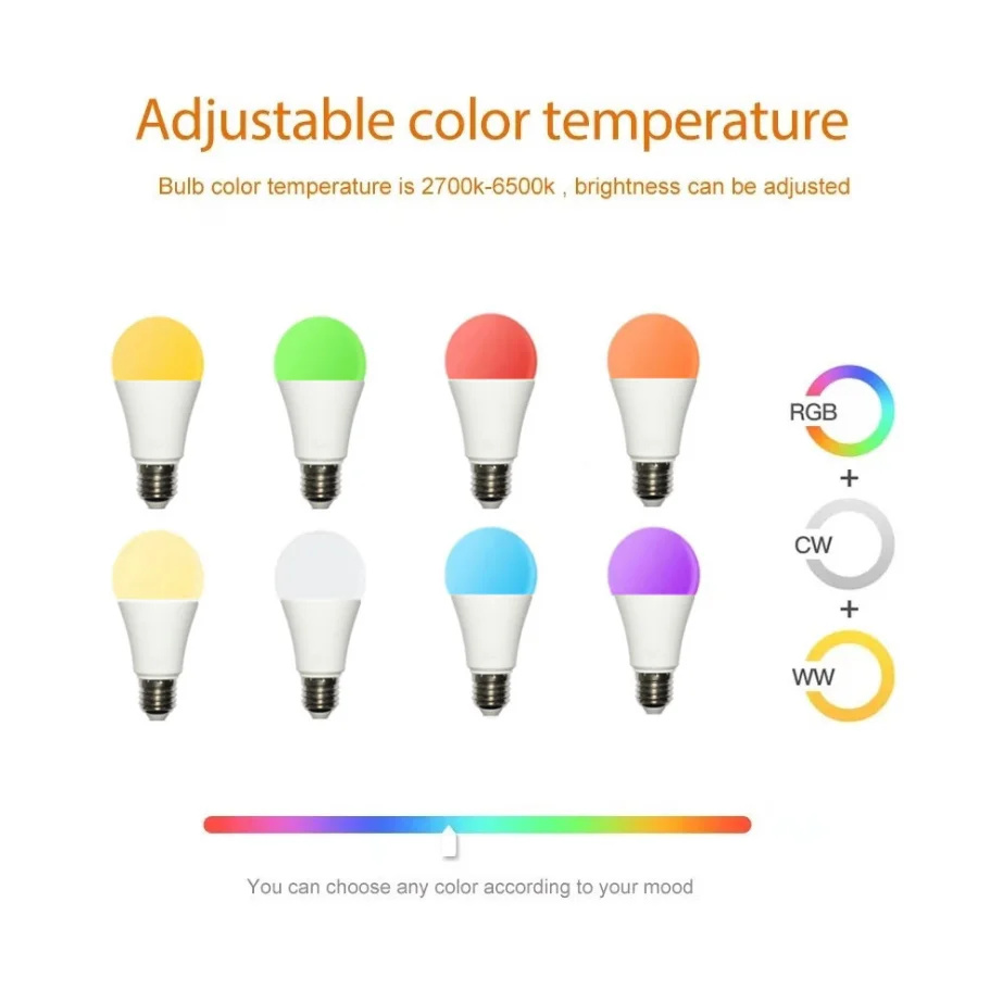 Smart LED Light Bulbs E27 Wireless Bluetooth 4.0 Tuya APP Control Dimmable 15W RGB + CW + WW Compatible IOS/Android