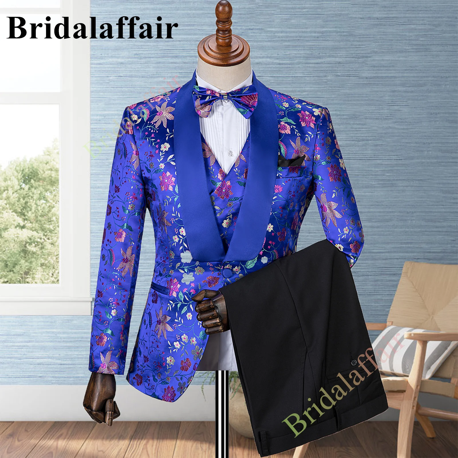 Bridalaffair Men's Royal Blue Suits Jacquard Floral Printed Prom Wedding Tuxedo Suit for Men 3pcs Blazer Jacket Vest Pant Set
