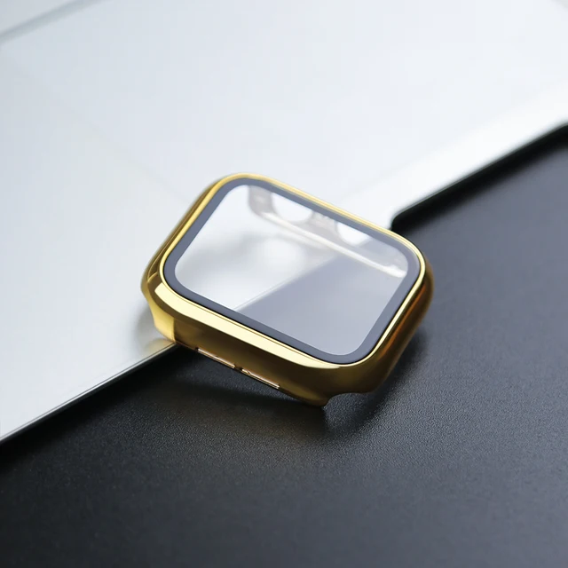 360 Full Cover for Apple Watch 45mm 41mm 44mm 40mm 42mm 38mm, Plating Case Glass Screen Protector for iwatch SE 7 6 5 4 3 2 1 Gold
