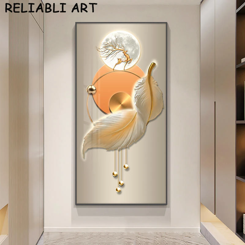 thumbnail image 1 of Póster abstracto de plumas blancas de alce geométrico y impresiones, pintura en lienzo de lujo ligera, arte de pared para sala de estar, decoración del hogar, sin marco, 1 of 5