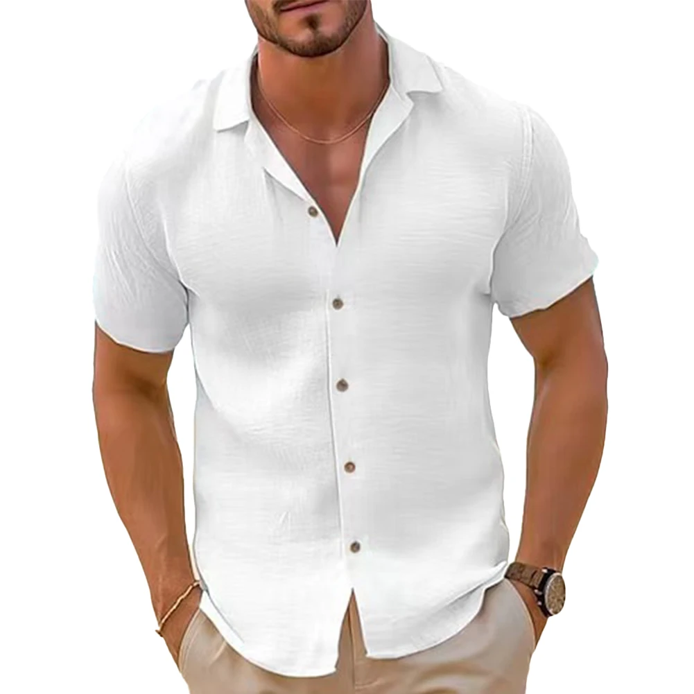 

Men Shirt Shorts Sleeve Solid Color Blouse Button Top Summer Lapel Neck Cardigan