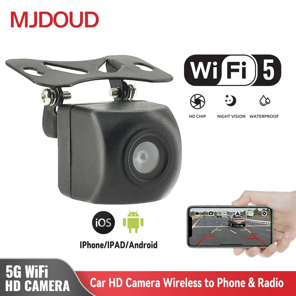 MJDOUD 차량용 HD 후진 카메라, 와이파이 5, 안드로이드, IOS, 라디오, 나이트 비전, 방수 카메라, 무선 12V 차량 백업 카메라