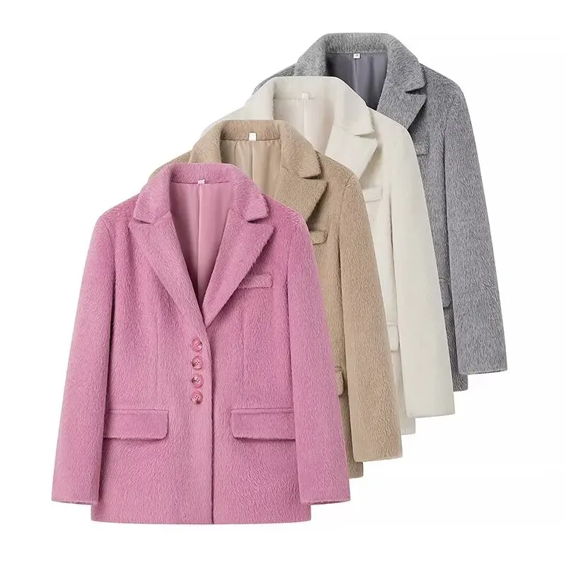 Streetwear Long Hairy Shaggy Blazer Boyfriend Vintage Women Front Pockets Loose Oversized Suit Fashion Coat Pink 4 colors