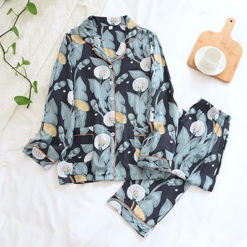 Pyjama Femme 여름 새 잠옷 세트 100% Viscose 긴팔 바지 숙녀 잠옷 정장 잠옷 Women's Home Nightwear 3