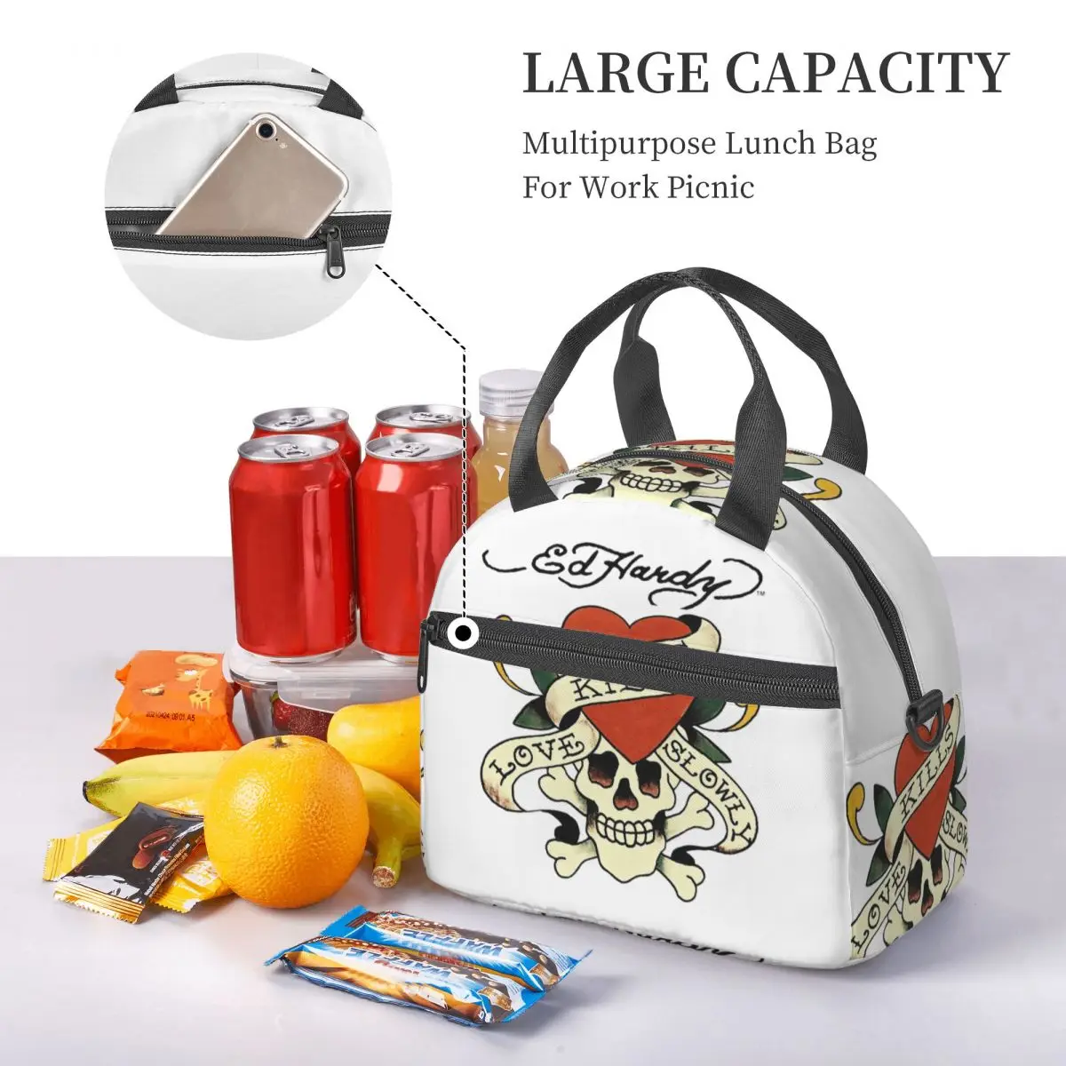 Ed Hardy Love Kills 여성용 느린 단열 도시락 가방 사무실 쿨러 열 상자 토트 휴대용 도시락 상자