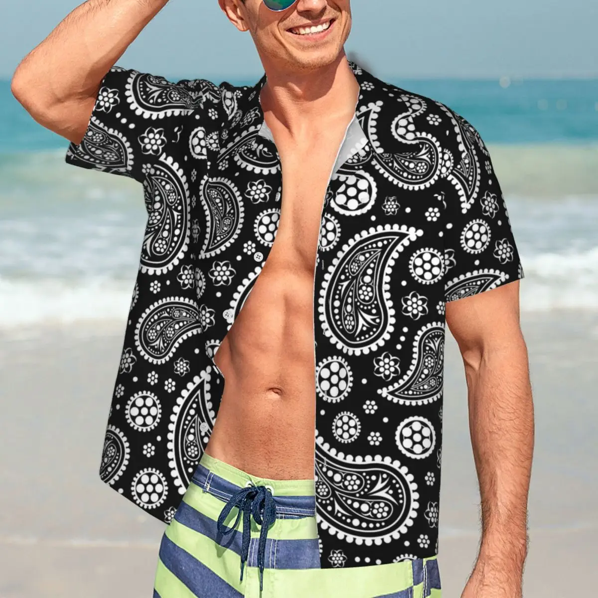 

Пляжная рубашка с принтом пейсли, черно-белая Летняя Повседневная рубашка, мужские крутые блузки с коротким рукавом, одежда с принтом в стиле Харадзюку