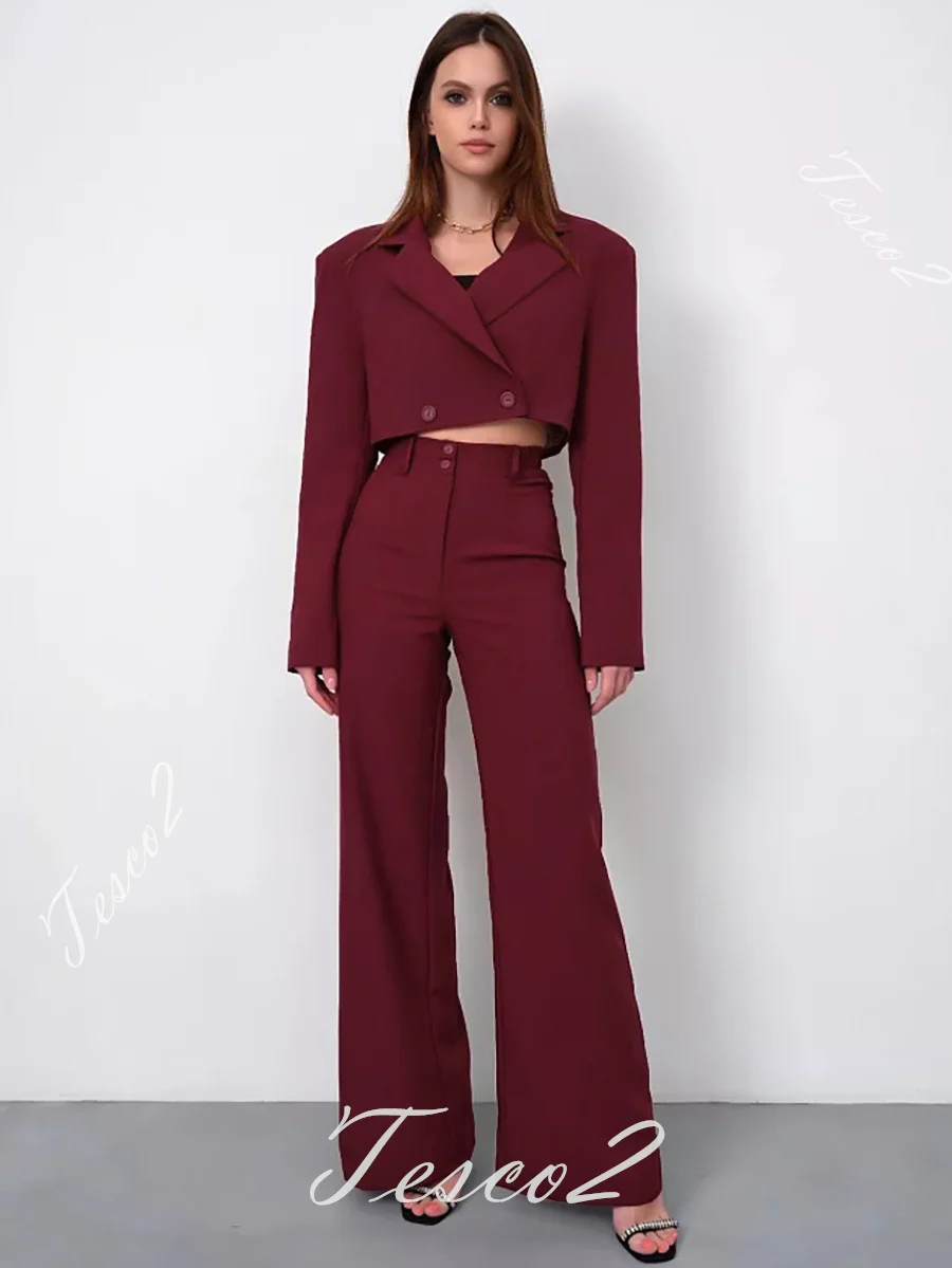Tesco Office Pantsuit For Women Spring Short Crop Top+High Waist Wide Leg Pants Casual Double Breasted Blazer Women Chic Outfits