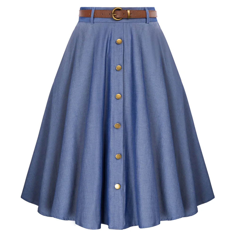 BP Women Swing Skirt With Belt And Pockets Elastic High Waist Buttons Midi Skirts Vintage Spring Summer Button Front Midi Skirt