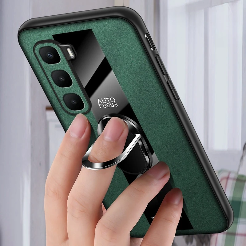 Premium PU Leather Magnetic Ring Holder Cover - Sheepskin Shockproof Bracket Case