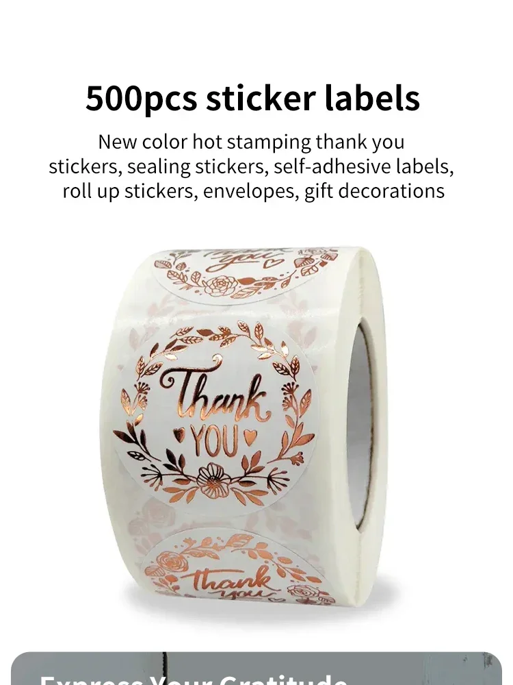Roll of floral monogrammed thank you stickers displayed on a white surface