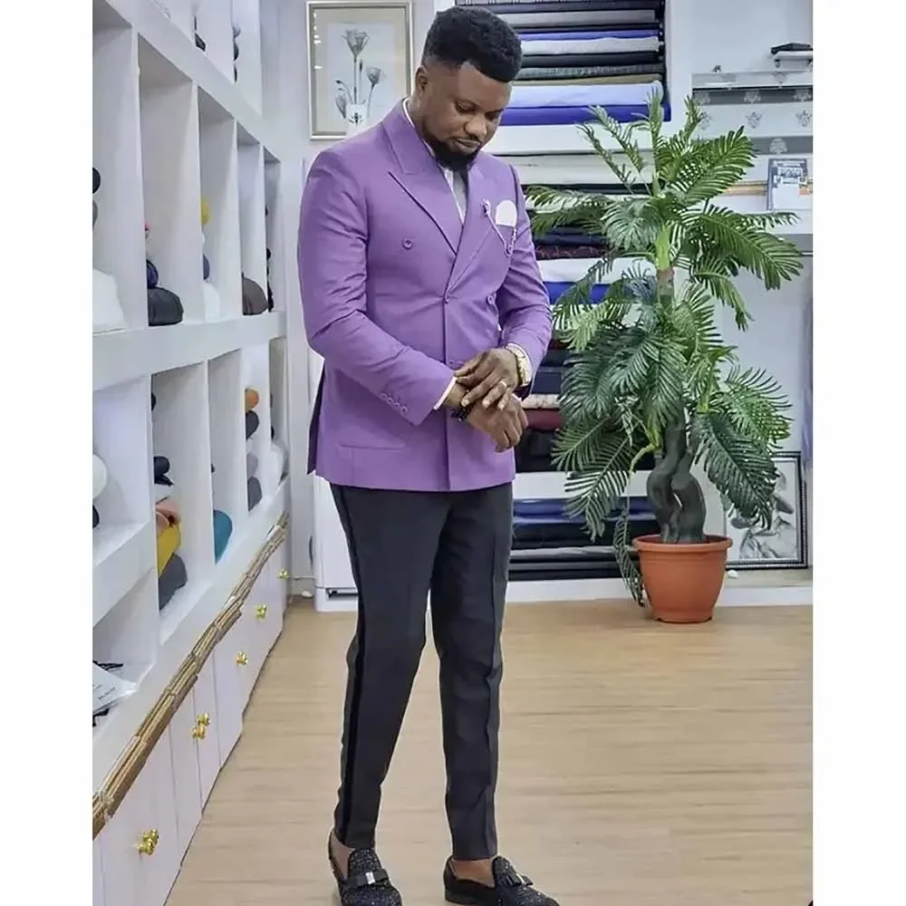 

Двубортный пиковый блейзер с лацканами на спине, Классическая длина, фиолетовые брюки, повседневный полный комплект одежды для мужчин, женская одежда 2024