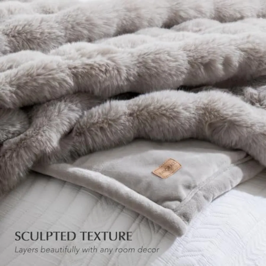 Ultra Soft Luxury Fluffy Ridgeline Faux Rabbit Fur Throw Blanket Thick Warm Fuzzy Blankets for Winter Cozy Plush Reversible Bla