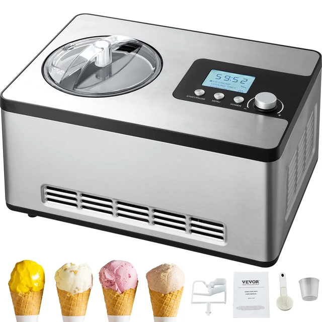 SucceBuy Machine à crème glacée automatique avec compresseur intégré 2 litres sans pré-gel Machine à yaourt aux fruits Machine à sorbet électrique 1