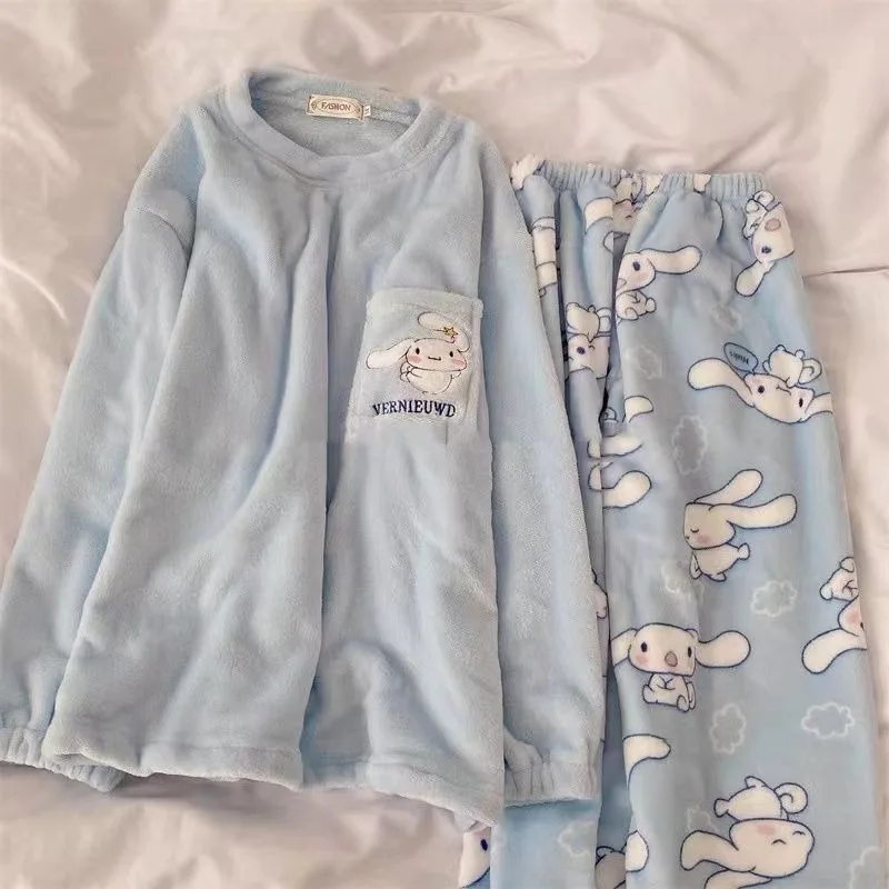 

Kawaii Sanrio Anime Cinnamoroll Pochacco Cute Cartoon Coral Velvet Thickened Winter Warm Home Pajama Set Gifts for Girls