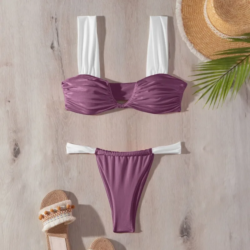 Womens V Notches Pleated Bkinis Swimwears Brazilians Swimsuits Bkinis Set for Women Full Covera