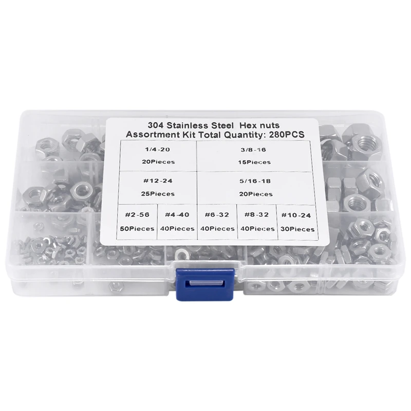 Stainless Steel Nuts 2-56 To 3/8Inch-16 UNC Hex Nuts Assortment Kit For Screws Bolts-280Pcs