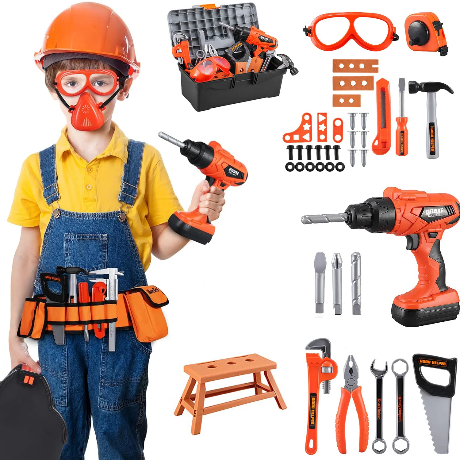 44-Piece Set Pretend Play Tools Toy Kit with Electric Drill Building Tools Toy Box for Kids Boys And Girls with Chair