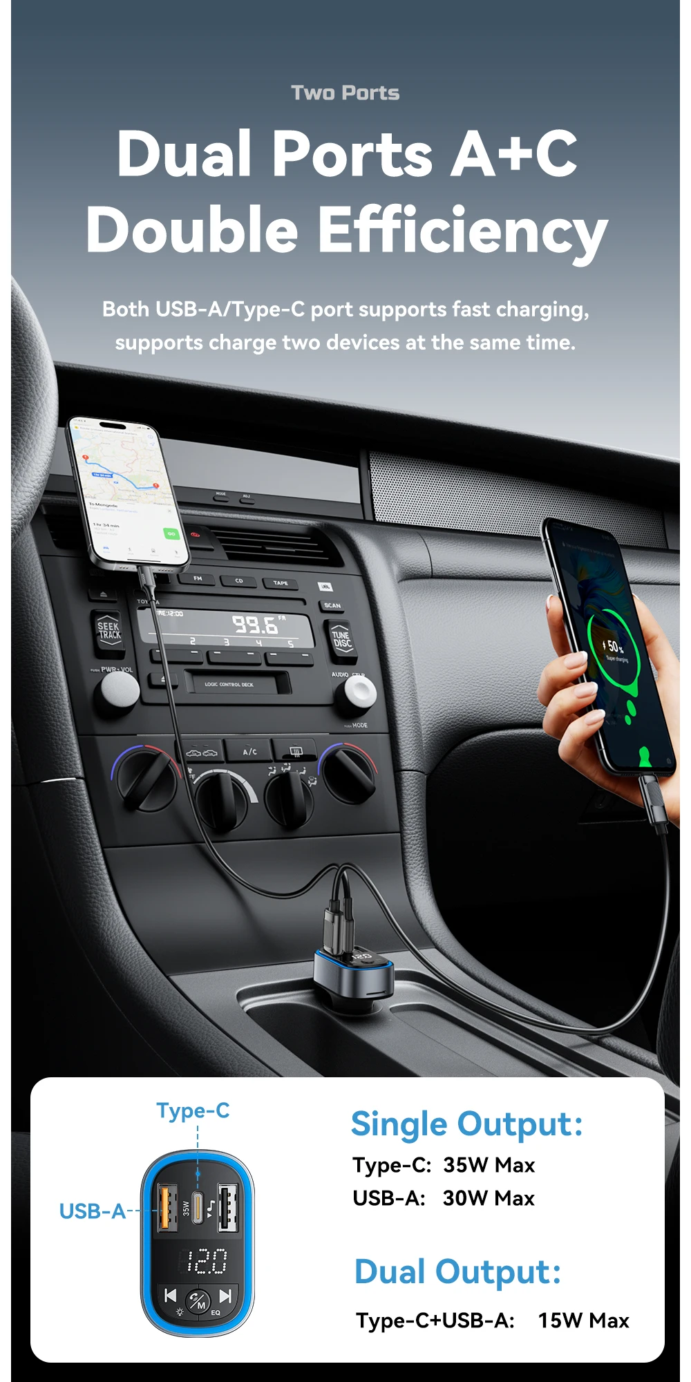 FM Bluetooth5.3 Transmitter 35W USB Type-C Dual Ports PD QC Car Charger Aux Radi