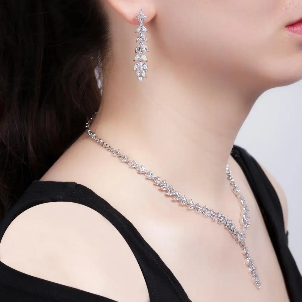 Full 5A Cubic Zirconia Wheat Design Bridal Wedding Necklace Earring Set Top Quality Women Prom Party Jewelry Sets CN10145