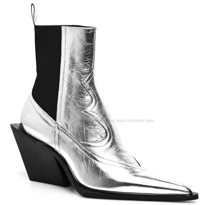 

Silver Giltter Pointed Toe Chelsea Boots Mid Calf Slip On Women Shoes Strange Style Heels Sexy Fashion 2023 Zapatos Para Mujere