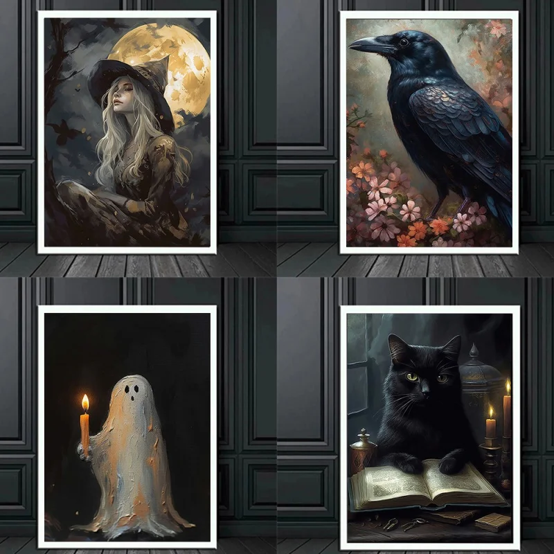 Arte Vittoriana Della Parete Halloween Dark Academy Ghost Witch Raven Hd Olio Su Tela Decorazione Camera Da Letto Regalo