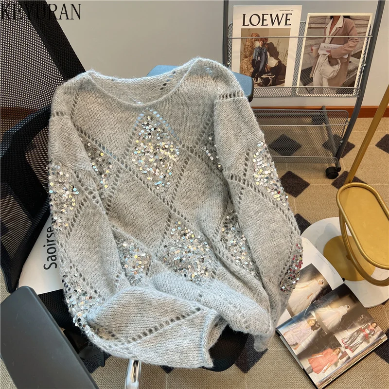 

Женский вязаный пуловер с блестками, повседневный свободный винтажный Свитер оверсайз с круглым вырезом и длинным рукавом, осень