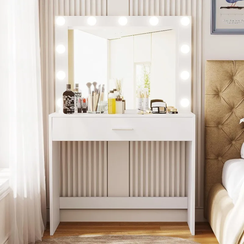 

Makeup Vanity Dressing Table with Drawer, Bedroom Dressing Desk,11 LED Light Bulbs & Adjustable Brightness