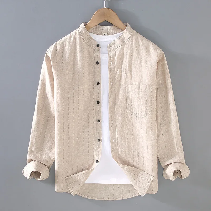 

Spring Summer New Men's Cotton Linen Long Sleeve Striped Shirt For Casual Slim Fit Pocket Stand Collar Men Cardigan Thin Clothes