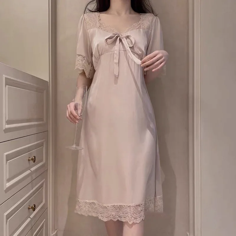 New Female Long Nightgown Sexy V-Neck Lace Trim Sleepwear Nightdress Palace Style Princess Nightwear Loose Silk Satin Home Dress