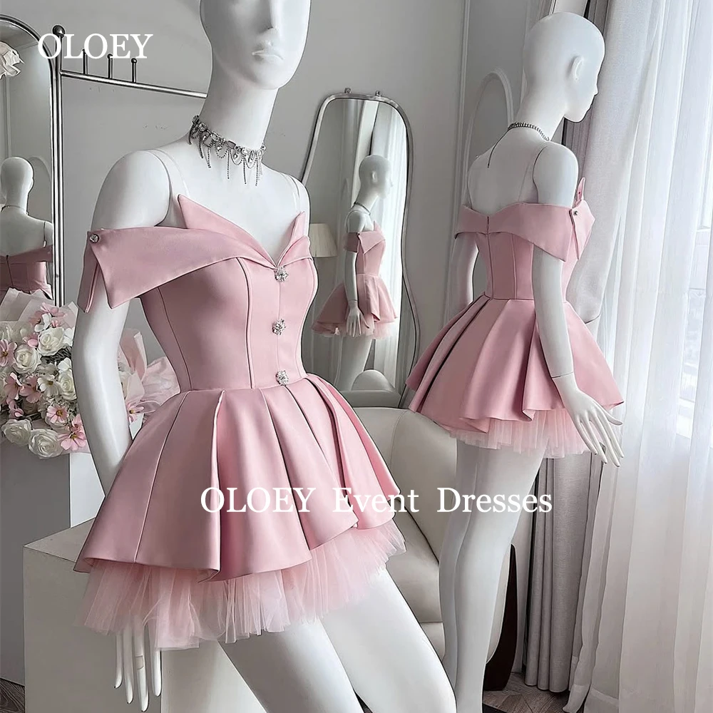 OLOEY Sexy Pink Off Shoulder Short Prom Cocktail Dresses Pleats Crystal Mini Wedding Party Gowns Women Zipper