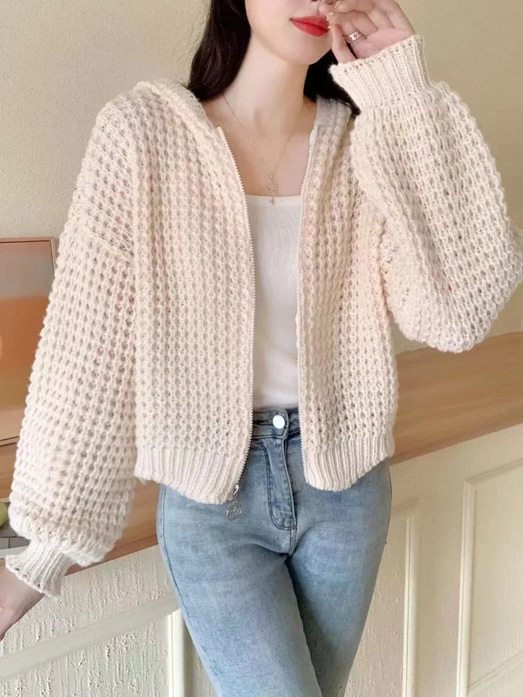 New Autumn and Winter Solid Color Women's Hooded Lantern Sleeve Sweater New Cardigan Zipper Loose and Elegant Knitwear